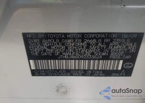 2009 Lexus Es 350 z USA, uszkodzony, nr VIN JTHBJ46G092333624